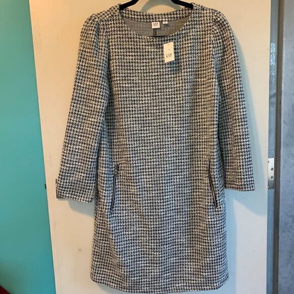 Gap NWT knee length day dress 3/4 sleeve, zipper detail, black/white houndstooth - Picture 1 of 16
